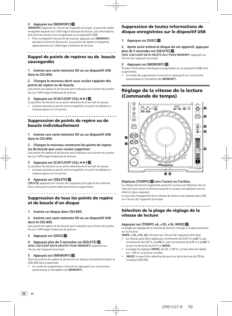 Drb1527-b, 3 appuyez sur [cue/ loop call c/ d ] s, 4 appuyez sur [delete] t | Déplacez [tempo] z vers l’avant ou l’arrière | Pioneer CDJ-850 User Manual | Page 50 / 88