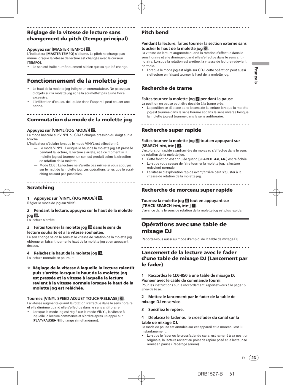 Fonctionnement de la molette jog, Opérations avec une table de mixage dj | Pioneer CDJ-850 User Manual | Page 51 / 88