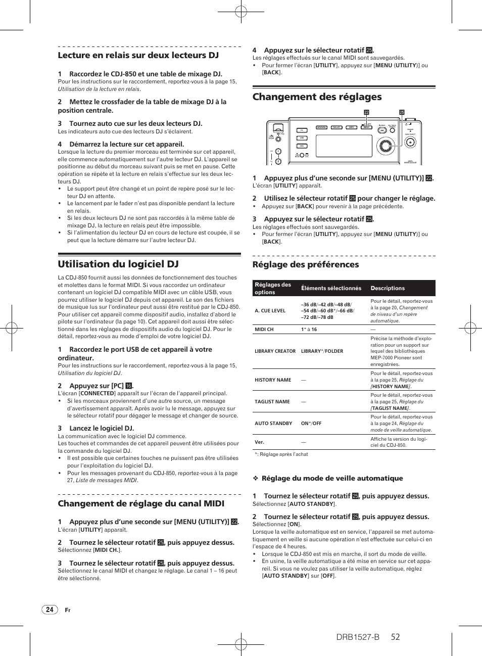 Utilisation du logiciel dj changement des réglages, Utilisation du logiciel dj, Changement des réglages | Drb1527-b, 52 lecture en relais sur deux lecteurs dj, Changement de réglage du canal midi, Réglage des préférences, 1 raccordez le cdj-850 et une table de mixage dj, 4 démarrez la lecture sur cet appareil, 2 appuyez sur [pc] g | Pioneer CDJ-850 User Manual | Page 52 / 88