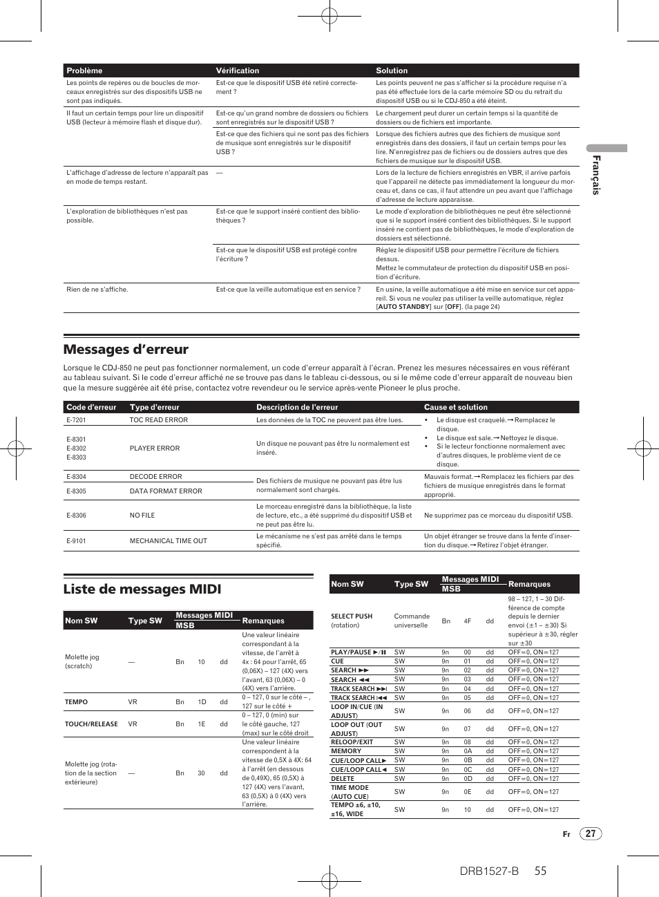 Messages d’erreur liste de messages midi, Messages d’erreur, Liste de messages midi | Drb1527-b, 27 français | Pioneer CDJ-850 User Manual | Page 55 / 88