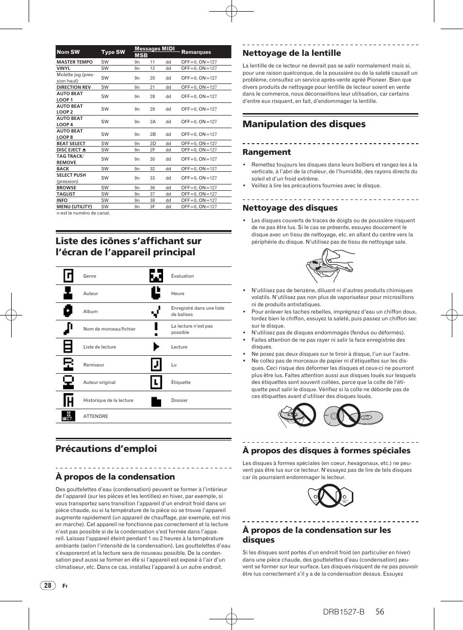 Précautions d’emploi, Manipulation des disques, Drb1527-b | À propos de la condensation, Nettoyage de la lentille, Rangement, Nettoyage des disques, À propos des disques à formes spéciales, À propos de la condensation sur les disques | Pioneer CDJ-850 User Manual | Page 56 / 88