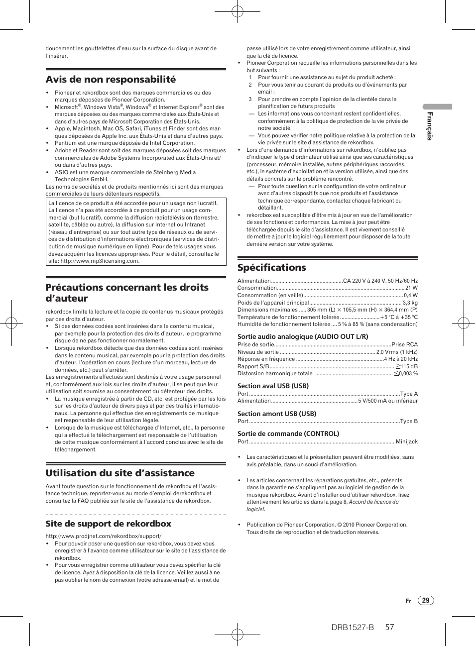 Avis de non responsabilité, Précautions concernant les droits d’auteur, Utilisation du site d’assistance | Spécifications, Drb1527-b, Site de support de rekordbox | Pioneer CDJ-850 User Manual | Page 57 / 88