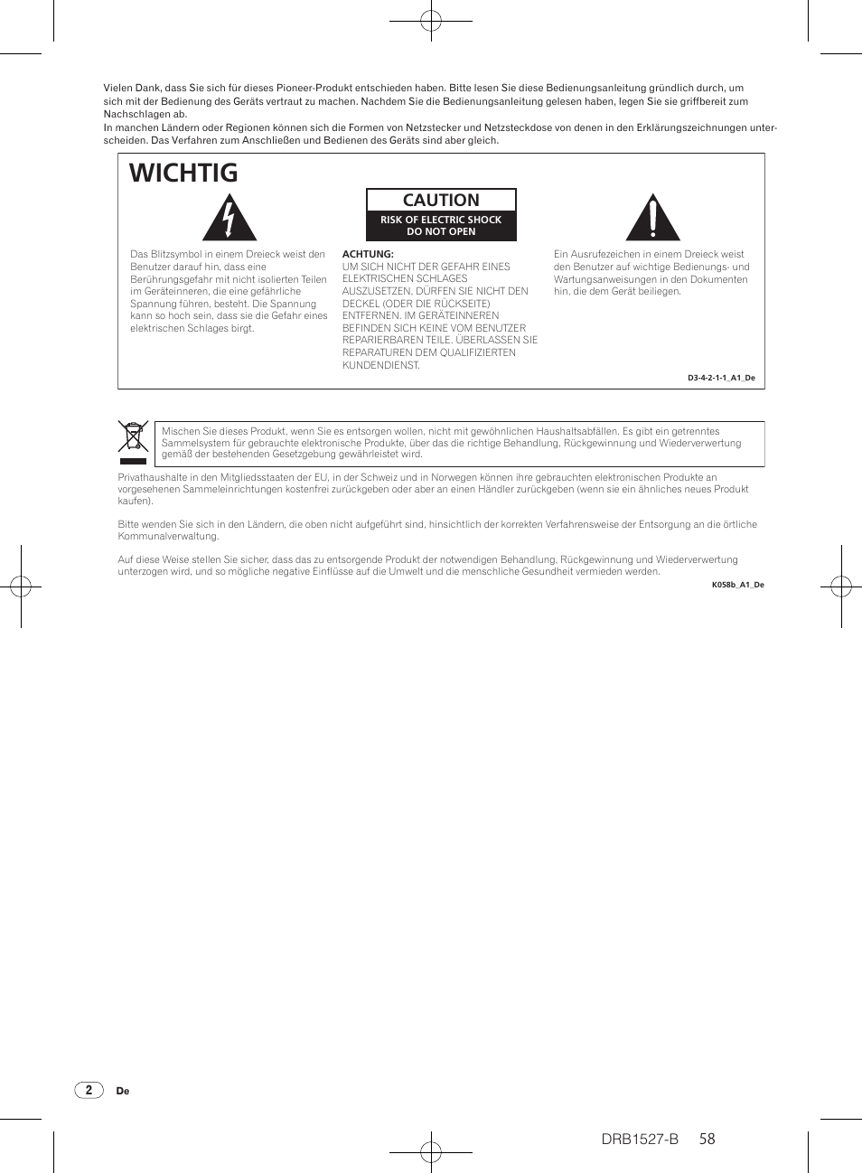 Wichtig, Caution, Drb1527-b | Pioneer CDJ-850 User Manual | Page 58 / 88