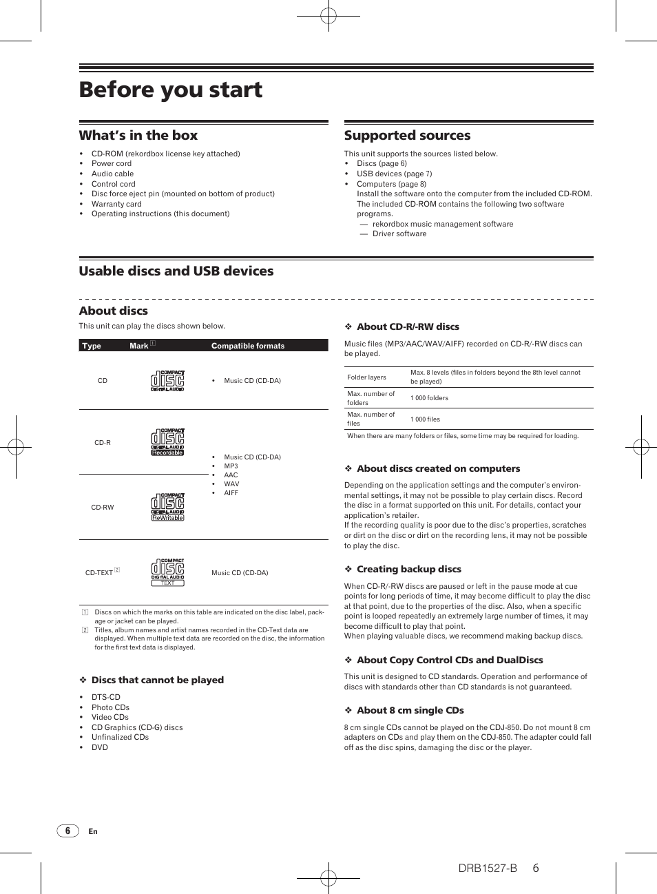 Before you start, What’s in the box, Supported sources | Usable discs and usb devices, Drb1527-b, About discs | Pioneer CDJ-850 User Manual | Page 6 / 88