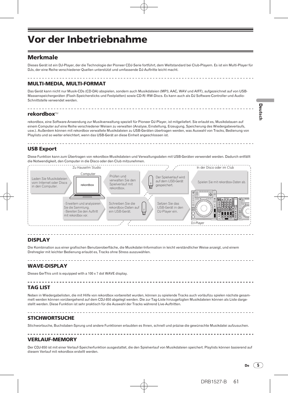 Vor der inbetriebnahme, Merkmale | Pioneer CDJ-850 User Manual | Page 61 / 88