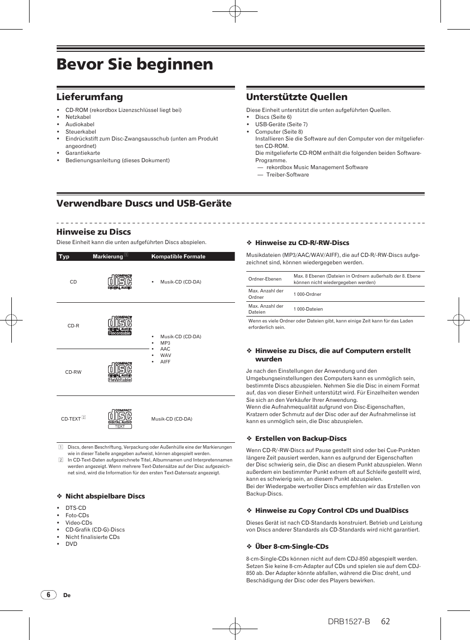 Bevor sie beginnen, Lieferumfang, Unterstützte quellen | Verwendbare duscs und usb-geräte, Drb1527-b, Hinweise zu discs | Pioneer CDJ-850 User Manual | Page 62 / 88