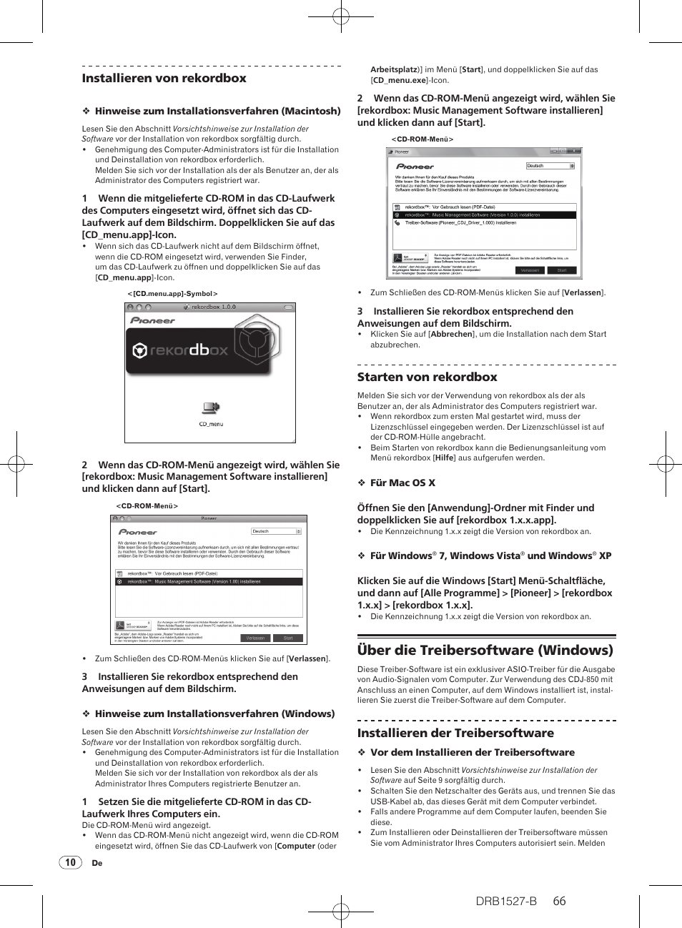 Über die treibersoftware (windows), Drb1527-b, 66 installieren von rekordbox | Starten von rekordbox, Installieren der treibersoftware | Pioneer CDJ-850 User Manual | Page 66 / 88