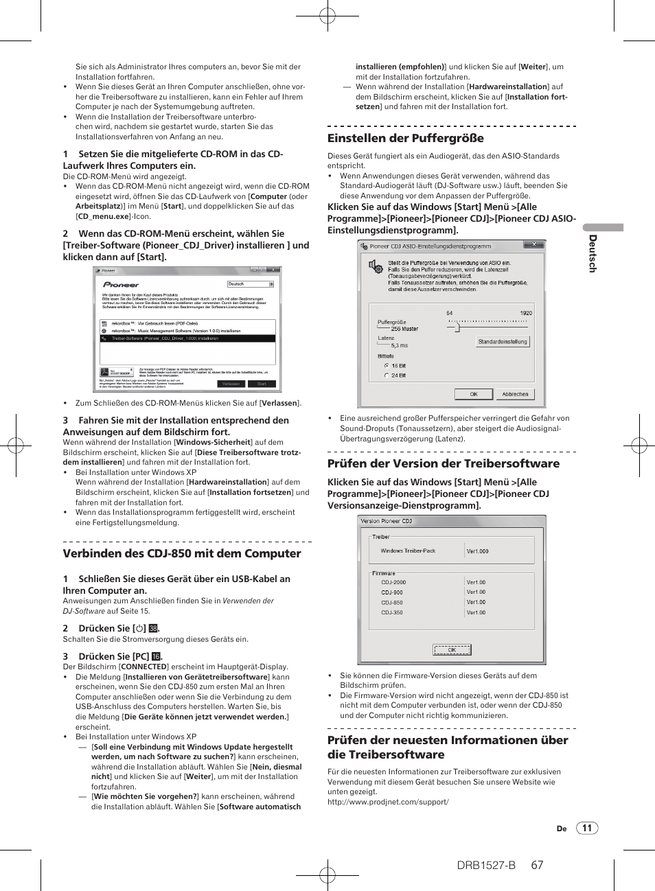 Drb1527-b, Verbinden des cdj-850 mit dem computer, Einstellen der puffergröße | Prüfen der version der treibersoftware | Pioneer CDJ-850 User Manual | Page 67 / 88