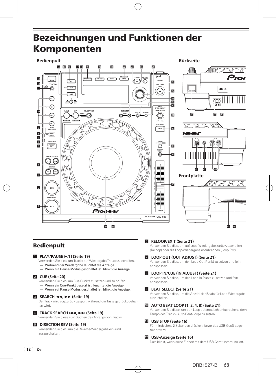 Bezeichnungen und funktionen der, Komponenten, Bedienpult | Bezeichnungen und funktionen der komponenten, Drb1527-b, Bedienpult rückseite frontplatte, 1play/pause f (seite 19), 2cue (seite 20), 3search m , n (seite 19), 4track search o , p (seite 19) | Pioneer CDJ-850 User Manual | Page 68 / 88