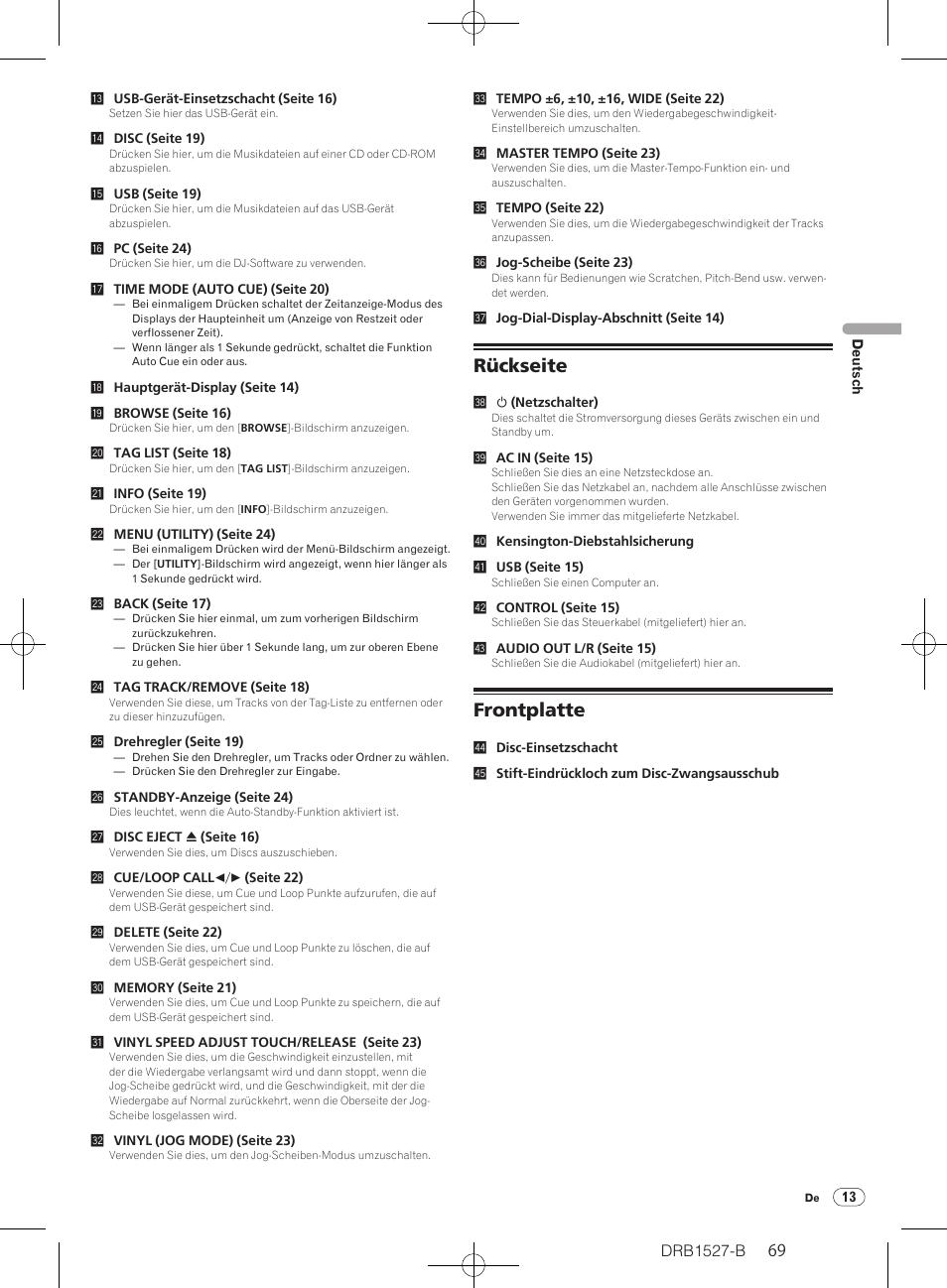 Rückseite frontplatte, Rückseite, Frontplatte | Drb1527-b | Pioneer CDJ-850 User Manual | Page 69 / 88