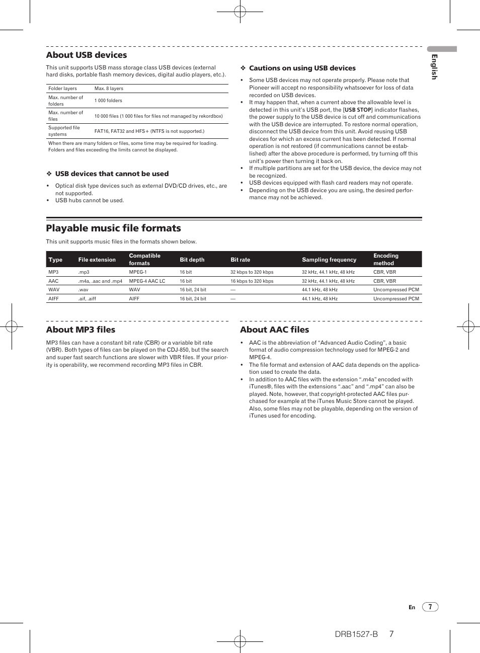 Playable music file formats, Drb1527-b, 76 about usb devices | About mp3 files, About aac files | Pioneer CDJ-850 User Manual | Page 7 / 88