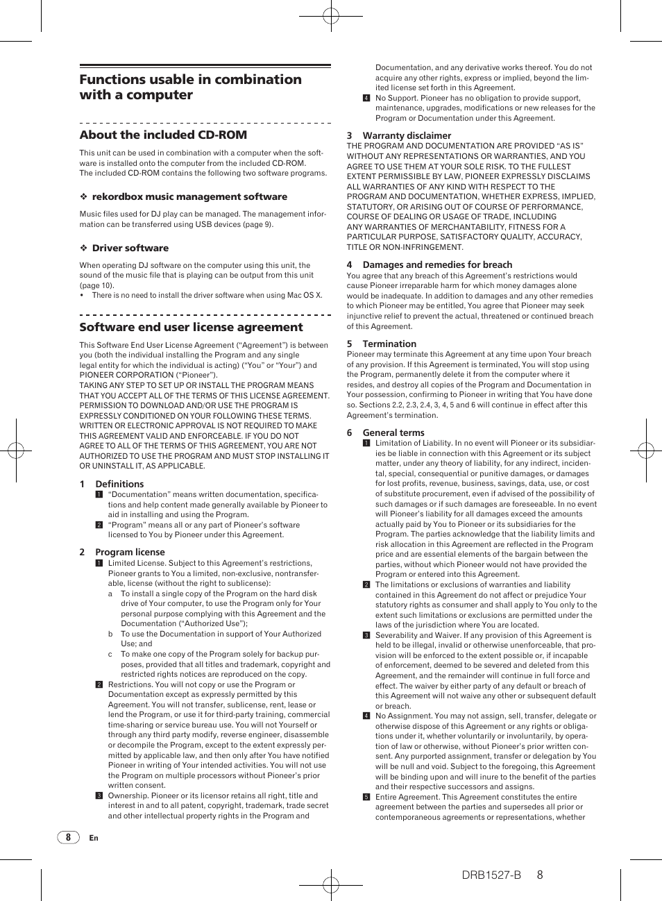 Functions usable in combination with a computer, Drb1527-b, About the included cd-rom | Software end user license agreement | Pioneer CDJ-850 User Manual | Page 8 / 88