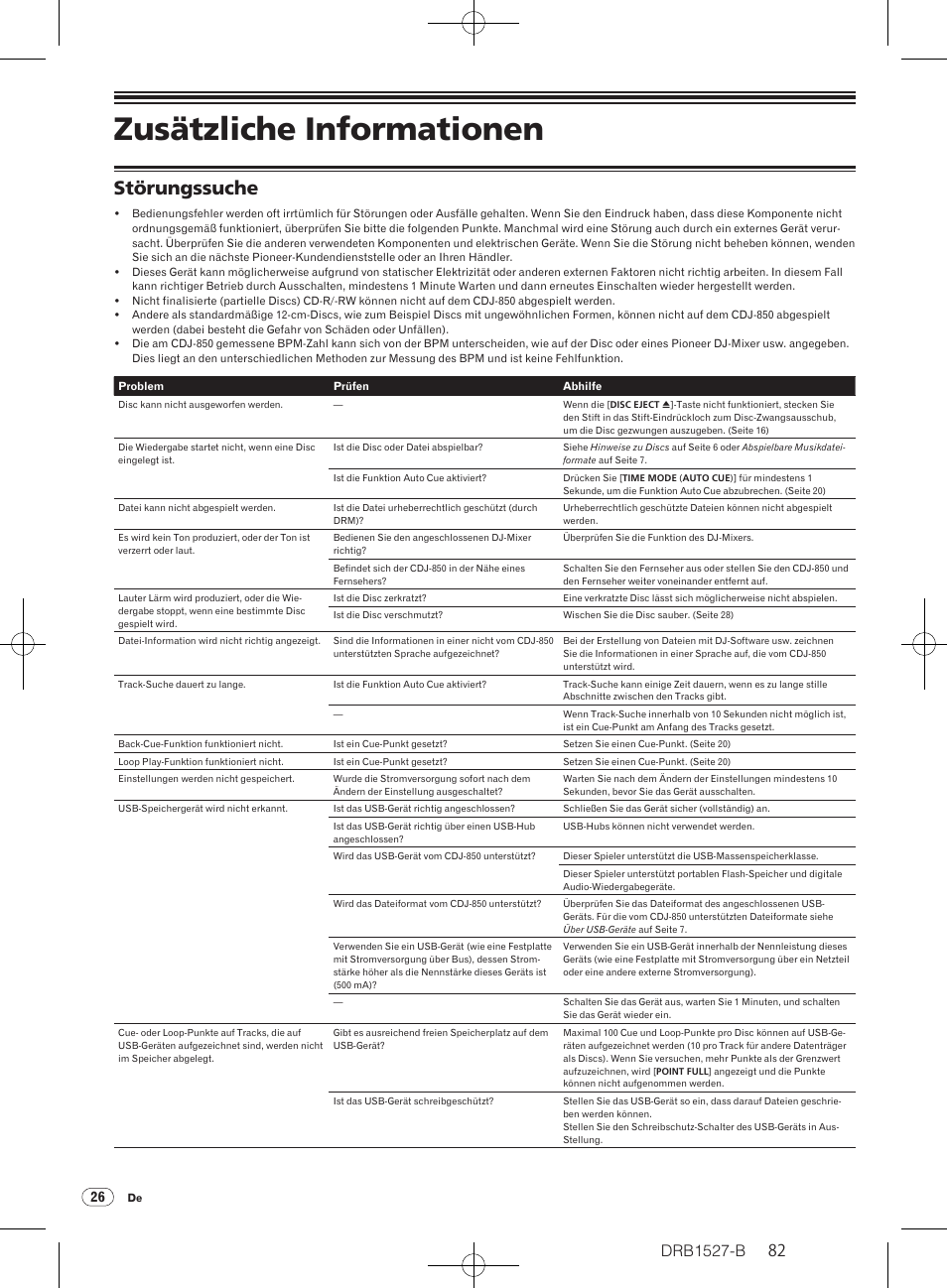 Zusätzliche informationen, Störungssuche, Drb1527-b | Pioneer CDJ-850 User Manual | Page 82 / 88