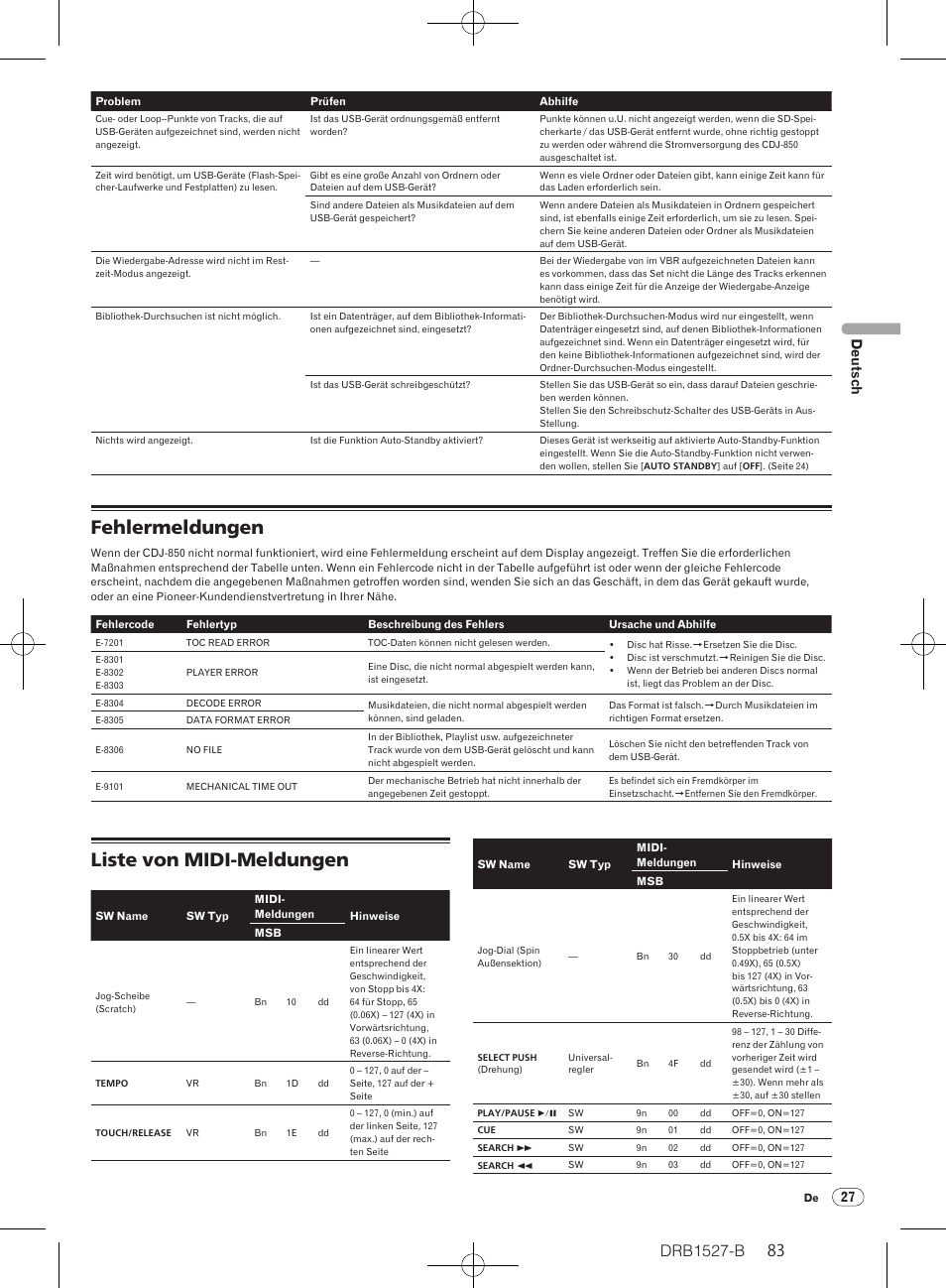 Fehlermeldungen liste von midi-meldungen, Fehlermeldungen, Liste von midi-meldungen | Drb1527-b, 27 deutsch | Pioneer CDJ-850 User Manual | Page 83 / 88