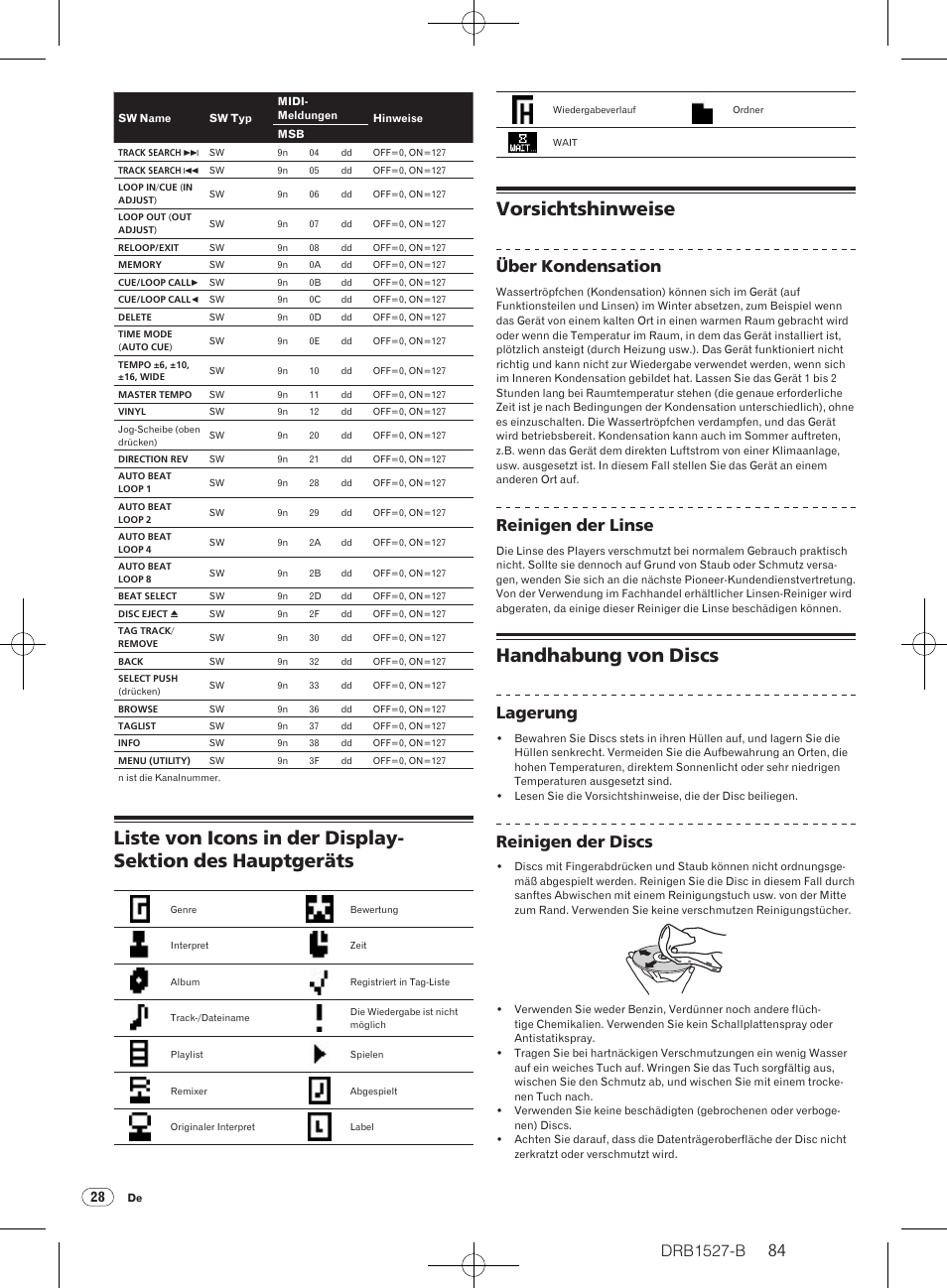 Vorsichtshinweise, Handhabung von discs, Drb1527-b | Über kondensation, Reinigen der linse, Lagerung, Reinigen der discs | Pioneer CDJ-850 User Manual | Page 84 / 88