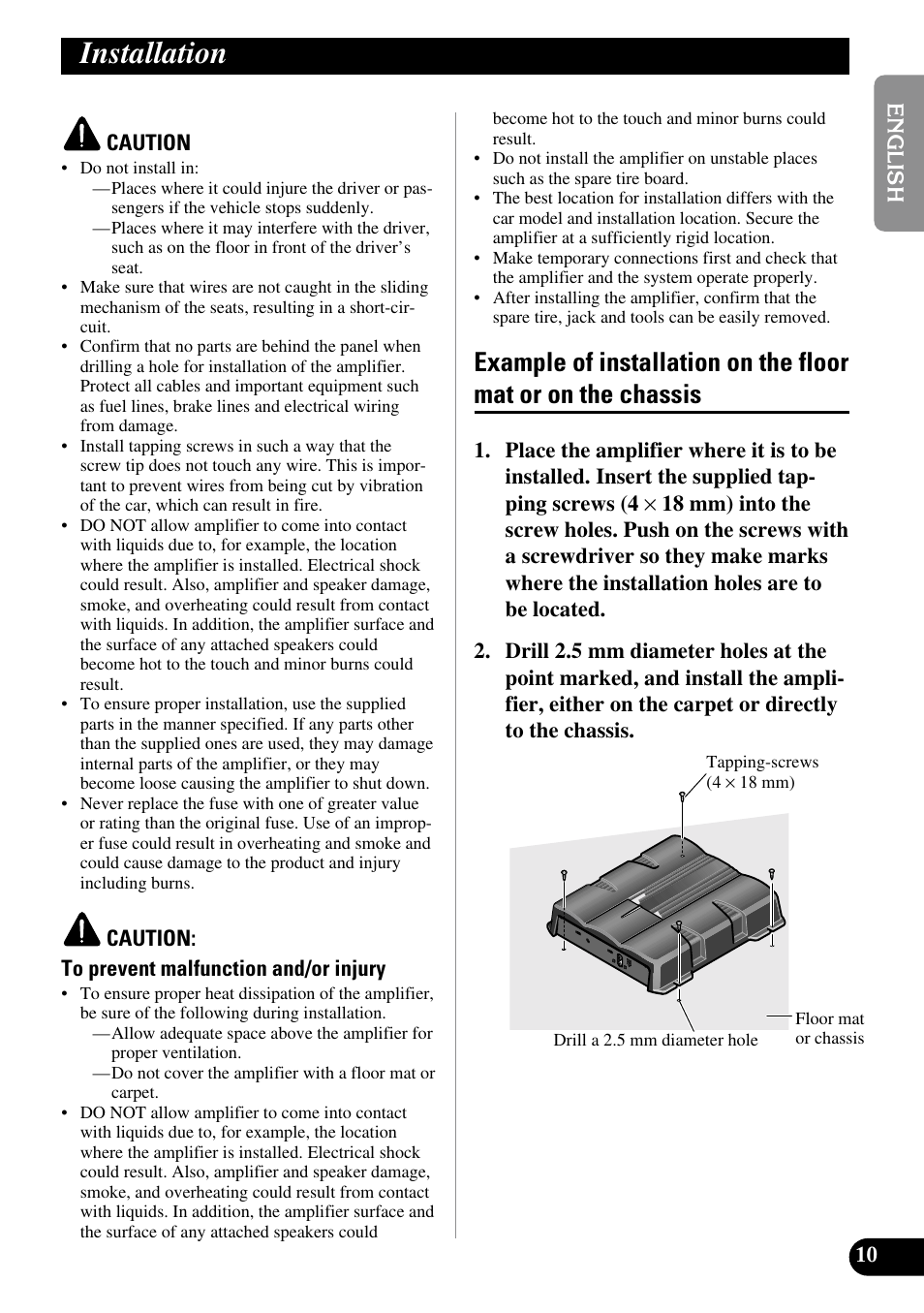 Installation, Example of installation on the floor mat, Or on the chassis | Pioneer GM-5200T User Manual | Page 11 / 85