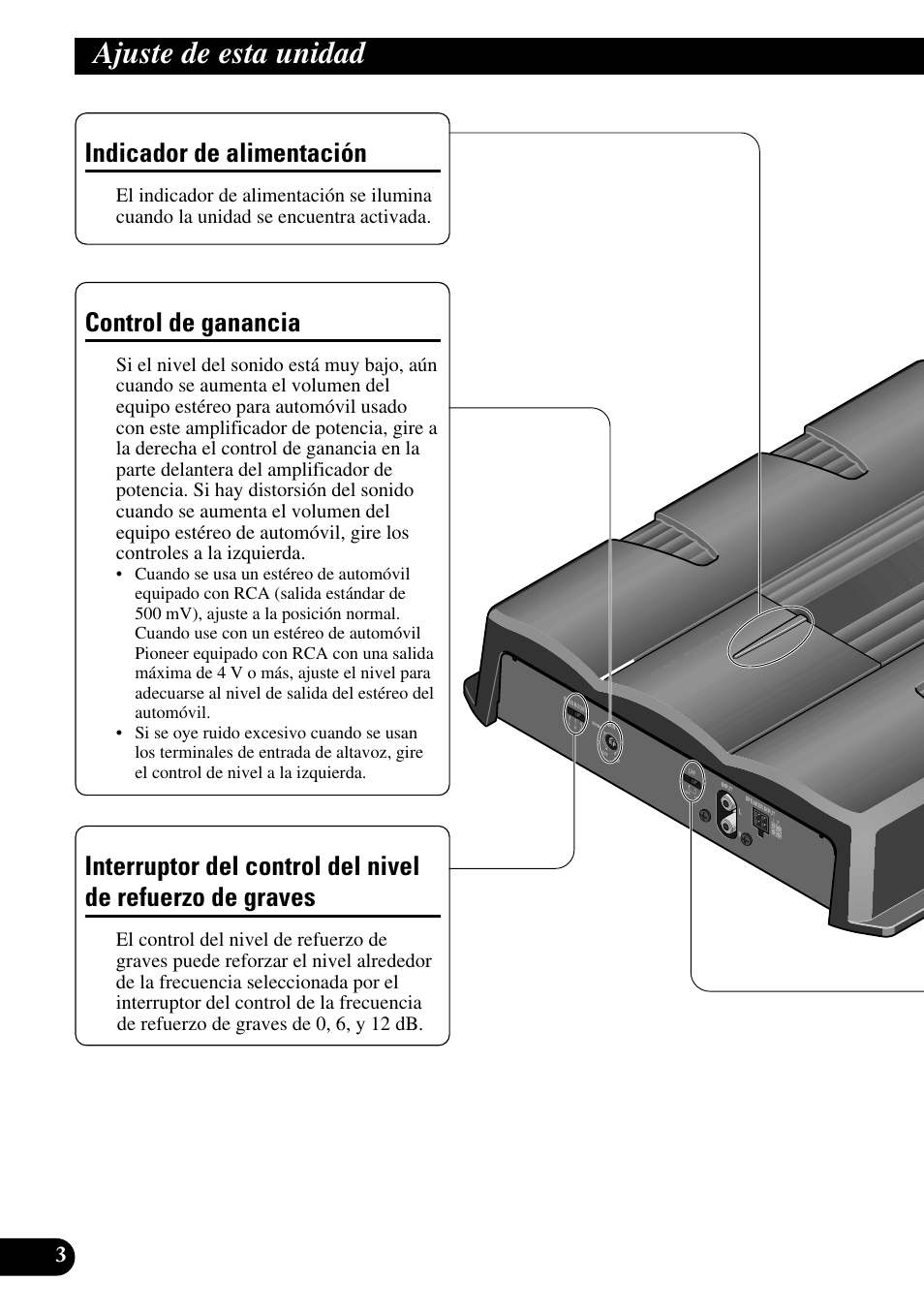 Ajuste de esta unidad, De graves, Control de ganancia | Indicador de alimentación | Pioneer GM-5200T User Manual | Page 16 / 85