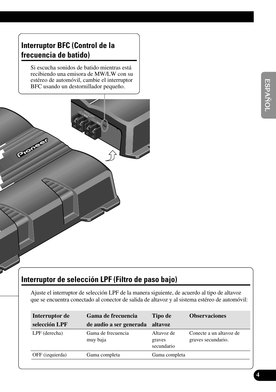 Interruptor bfc, Control de la frecuencia de batido), Interruptor de selección lpf | Filtro de paso bajo), Interruptor de selección lpf (filtro de paso bajo) | Pioneer GM-5200T User Manual | Page 17 / 85