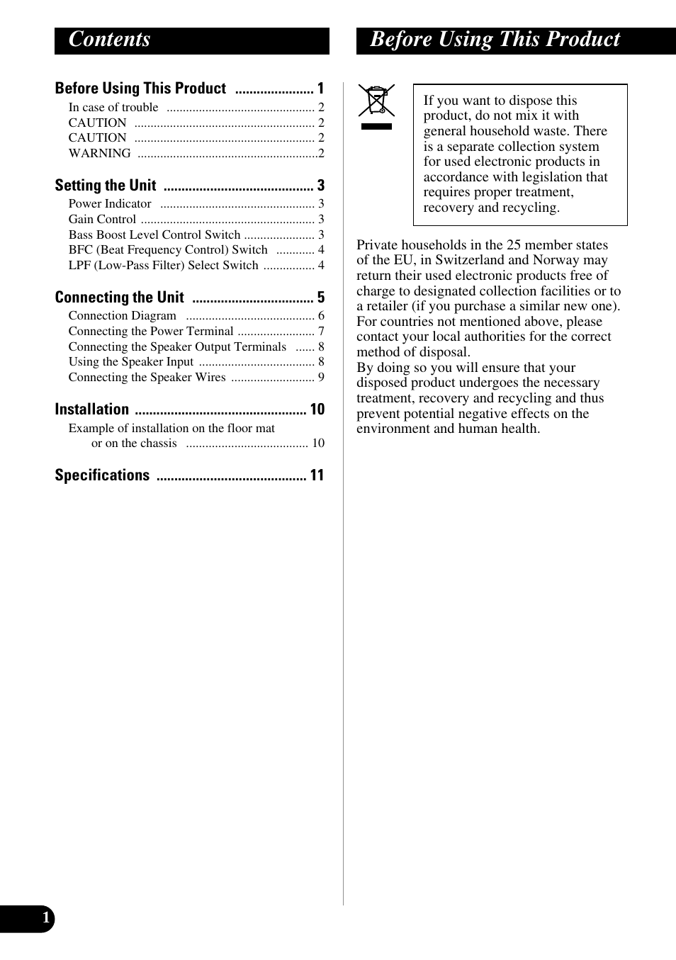 English, Contents before using this product | Pioneer GM-5200T User Manual | Page 2 / 85