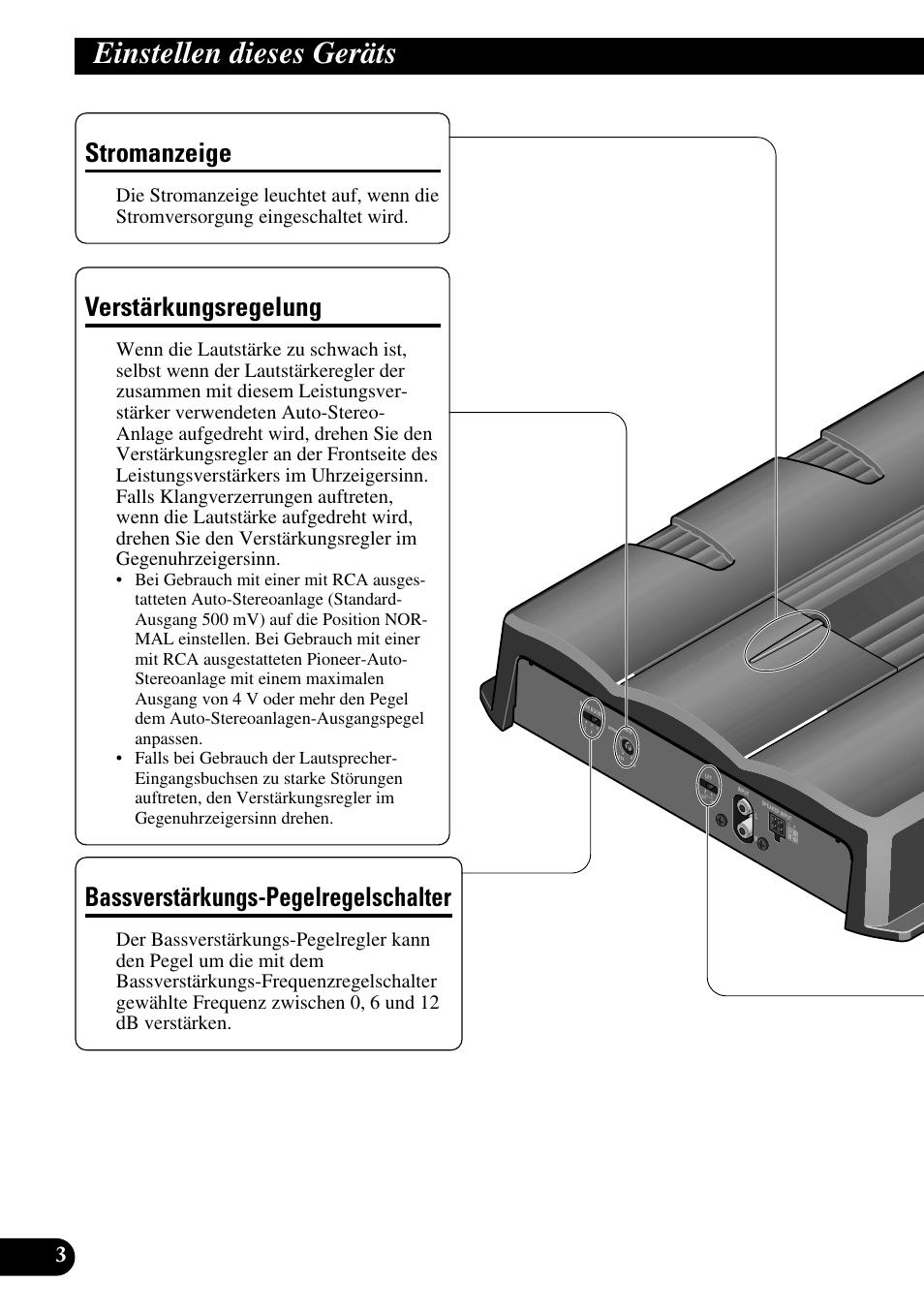 Einstellen dieses geräts, Verstärkungsregelung, Stromanzeige | Bassverstärkungs-pegelregelschalter | Pioneer GM-5200T User Manual | Page 28 / 85