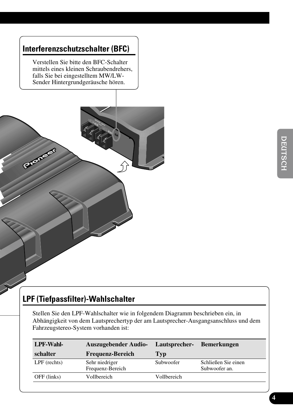 Lpf (tiefpassfilter)-wahlschalter, Interferenzschutzschalter (bfc) | Pioneer GM-5200T User Manual | Page 29 / 85