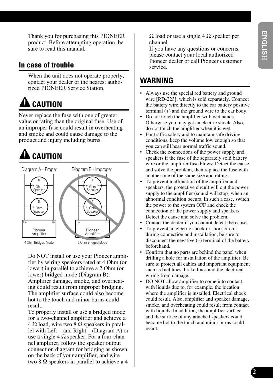 In case of trouble caution caution warning, Caution, Warning | Pioneer GM-5200T User Manual | Page 3 / 85