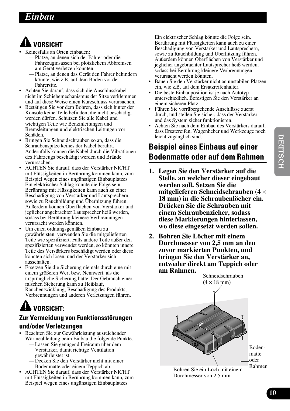 Einbau, Beispiel eines einbaus auf einer, Bodenmatte oder auf dem rahmen | Pioneer GM-5200T User Manual | Page 35 / 85