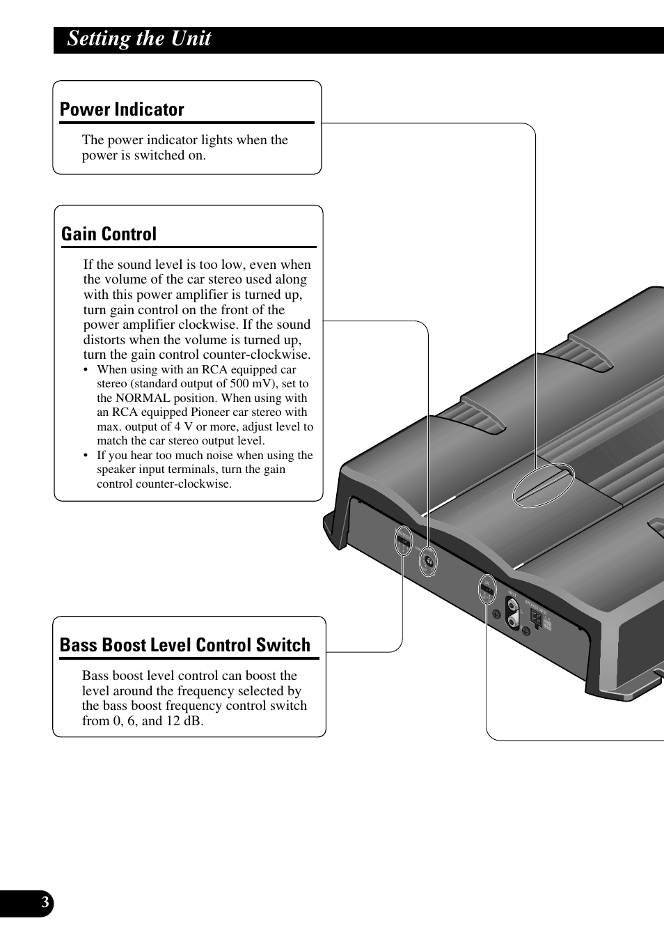 Setting the unit, Gain control, Power indicator | Bass boost level control switch | Pioneer GM-5200T User Manual | Page 4 / 85