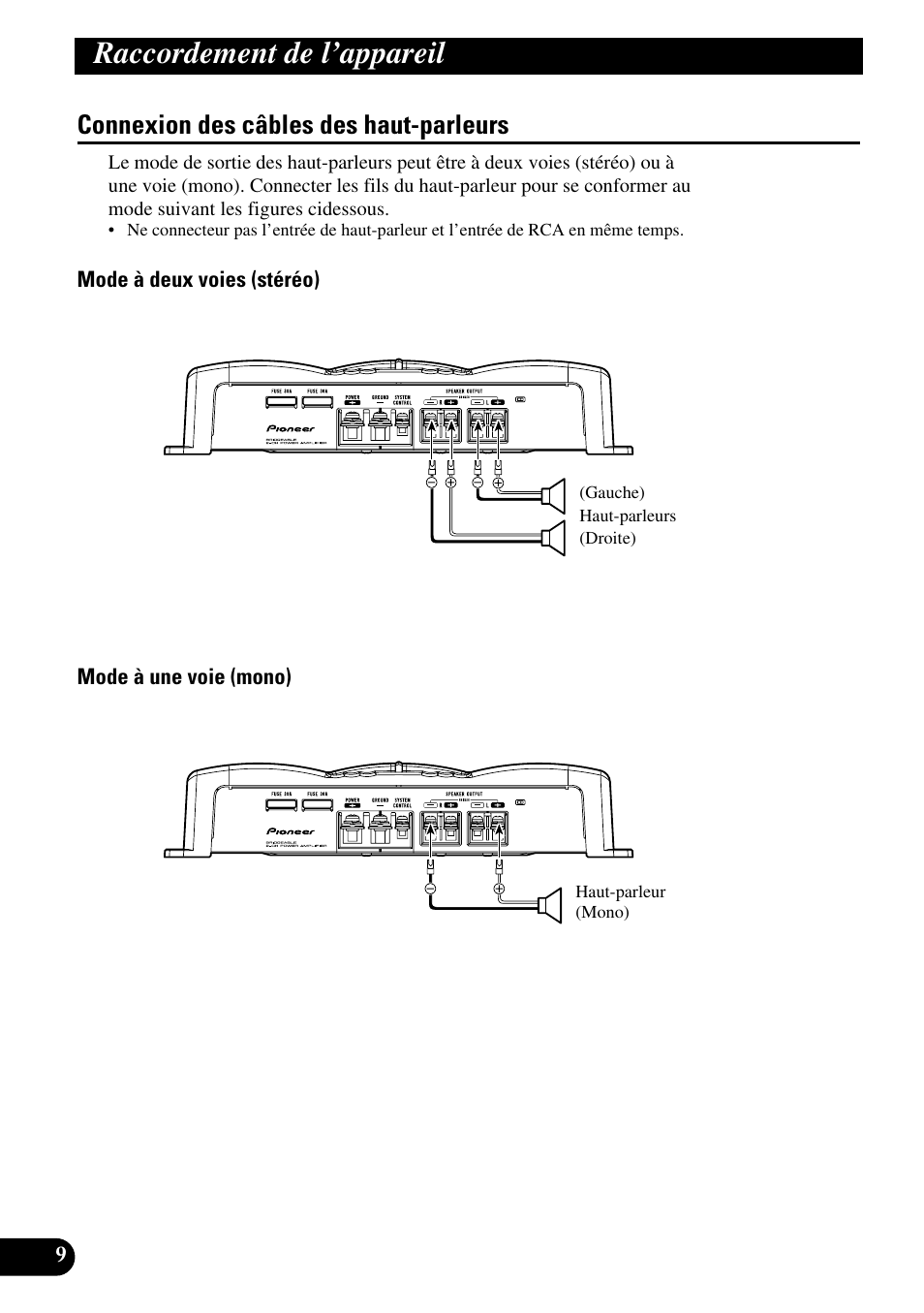 Connexion des câbles des haut-parleurs, Raccordement de l’appareil | Pioneer GM-5200T User Manual | Page 46 / 85