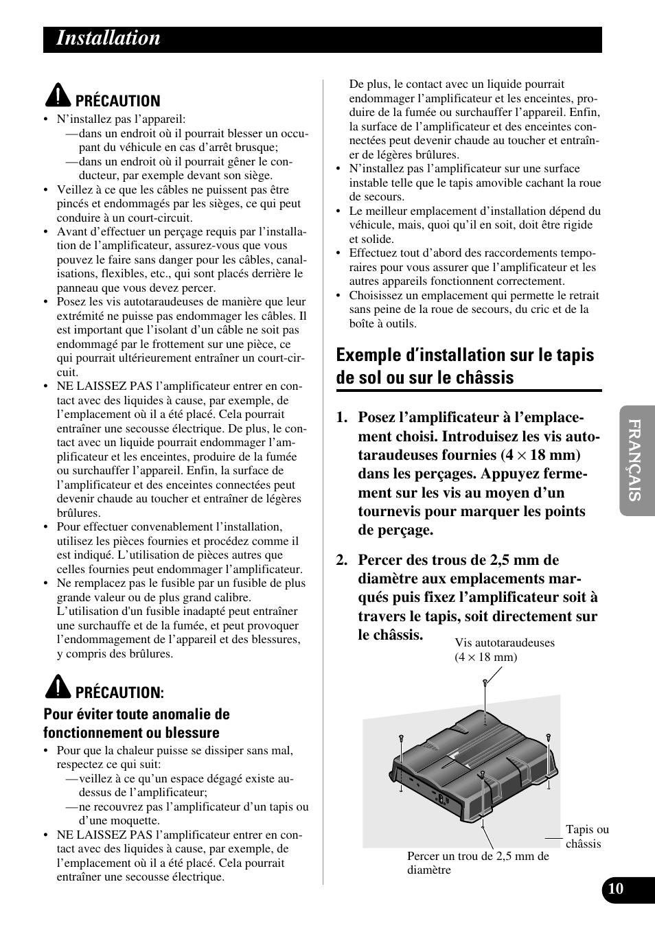 Installation, Exemple d’installation sur le tapis de sol, Ou sur le châssis | Pioneer GM-5200T User Manual | Page 47 / 85