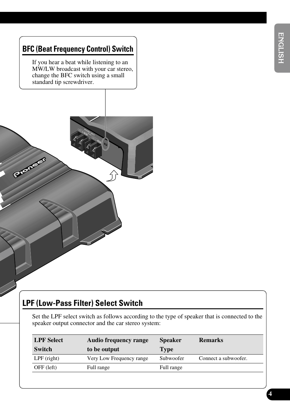 Lpf (low-pass filter) select switch, Bfc (beat frequency control) switch | Pioneer GM-5200T User Manual | Page 5 / 85