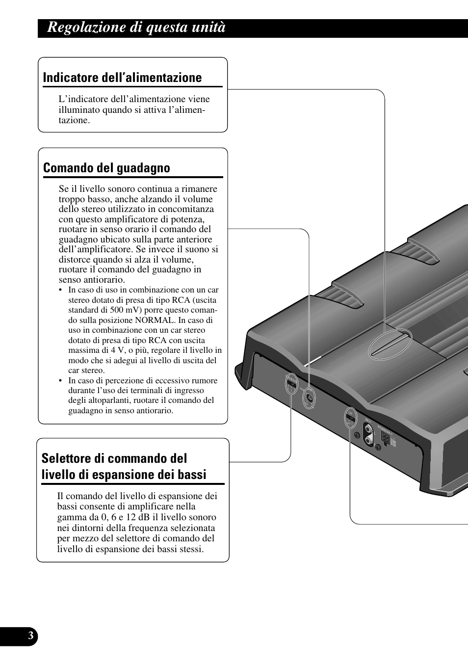 Regolazione di questa unità, Espansione dei bassi, Comando del guadagno | Indicatore dell’alimentazione | Pioneer GM-5200T User Manual | Page 52 / 85