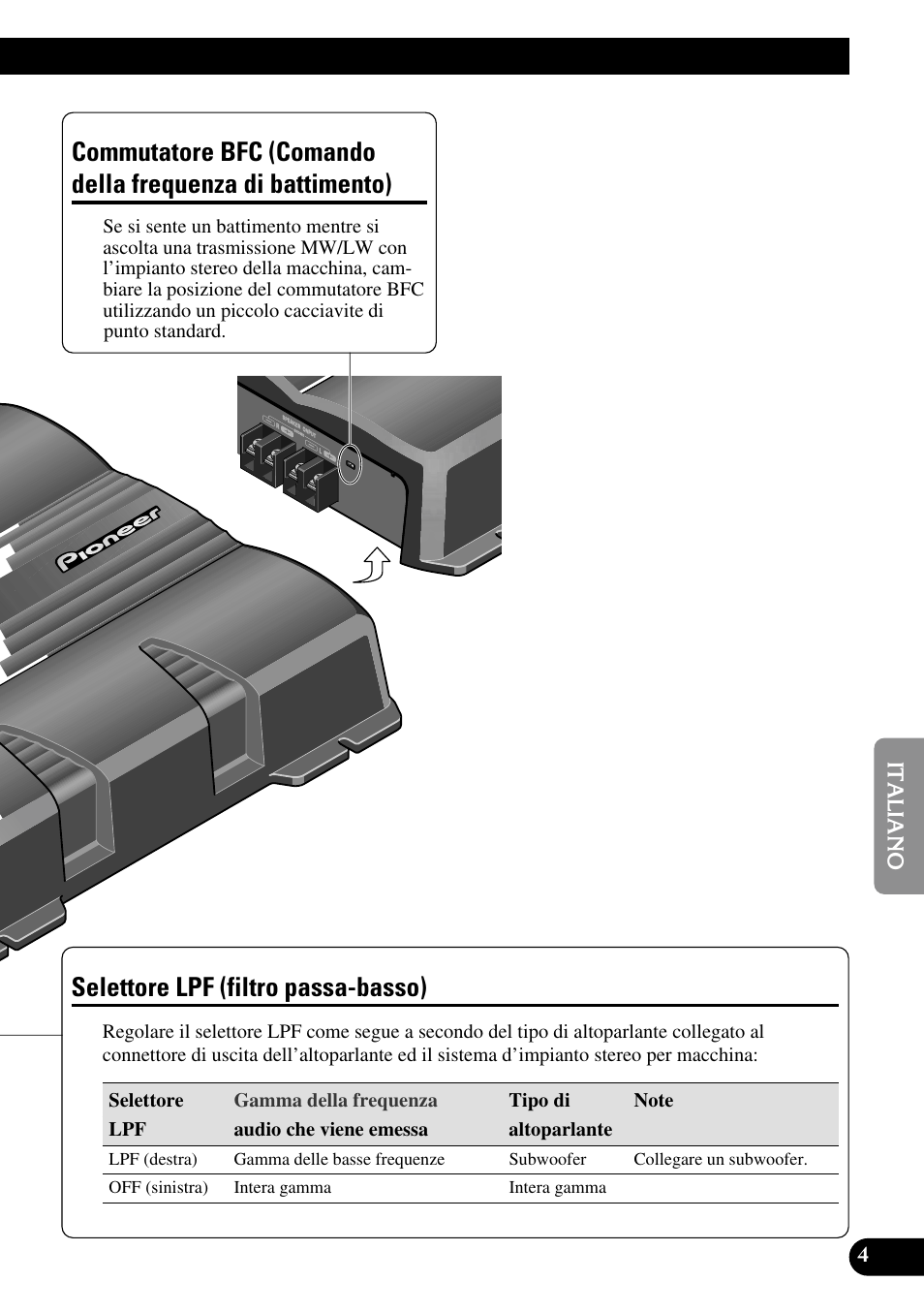 Commutatore bfc (comando della, Frequenza di battimento), Selettore lpf (filtro passa-basso) | Pioneer GM-5200T User Manual | Page 53 / 85
