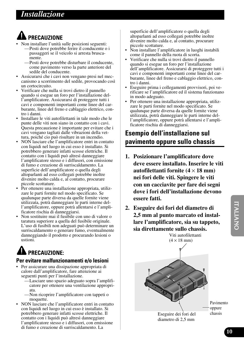 Installazione, Esempio dell’installazione sul pavimento, Oppure sullo chassis | Pioneer GM-5200T User Manual | Page 59 / 85