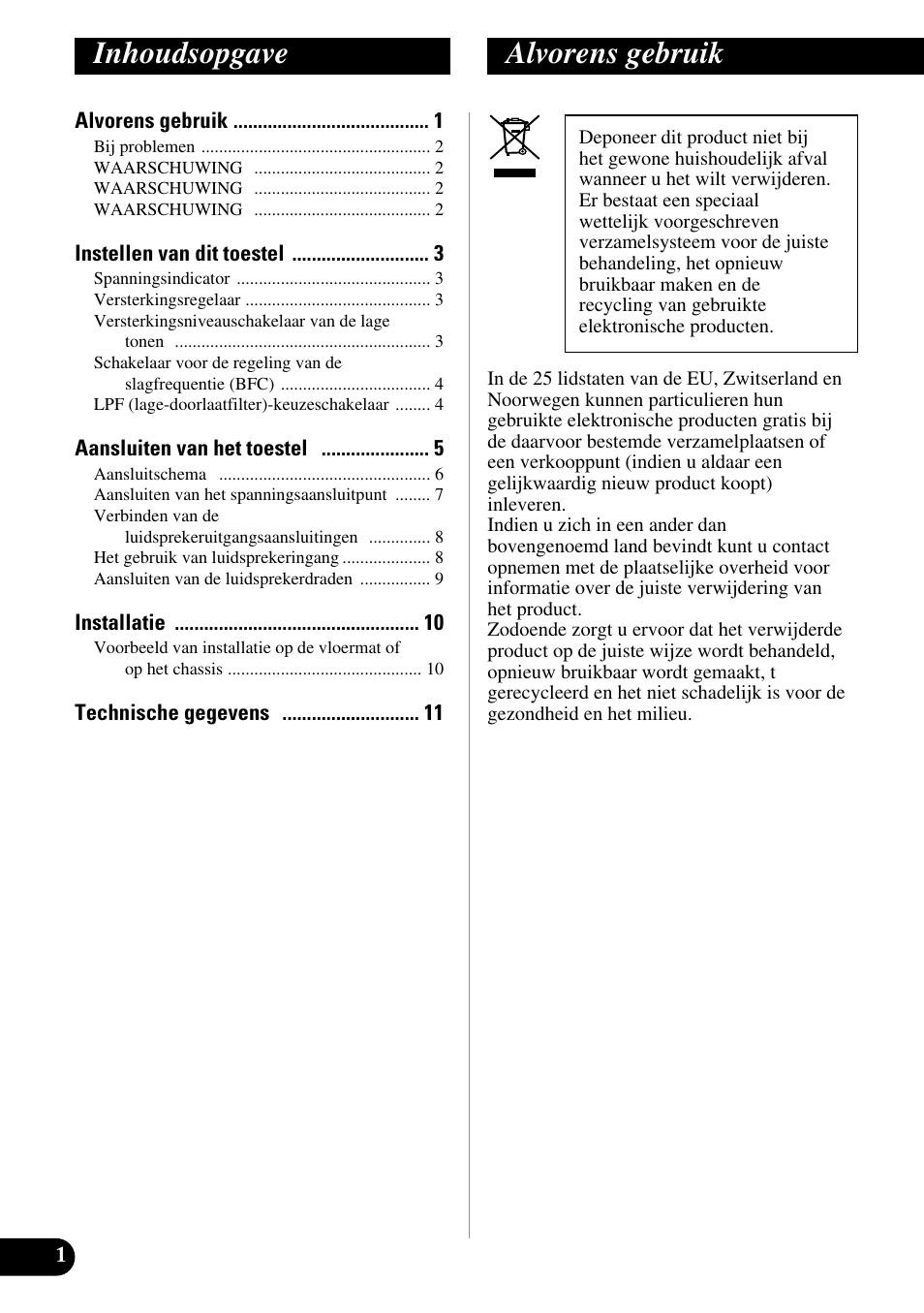 Inhoudsopgave, Alvorens gebruik | Pioneer GM-5200T User Manual | Page 62 / 85