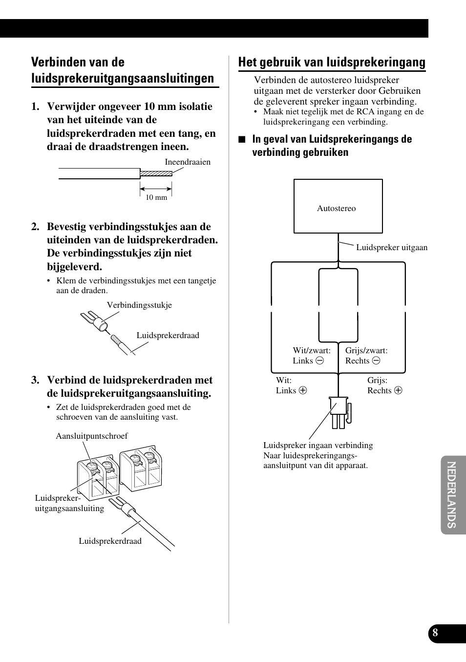 Verbinden van de, Luidsprekeruitgangsaansluitingen, Het gebruik van luidsprekeringang | Verbinden van de luidsprekeruitgangsaansluitingen | Pioneer GM-5200T User Manual | Page 69 / 85