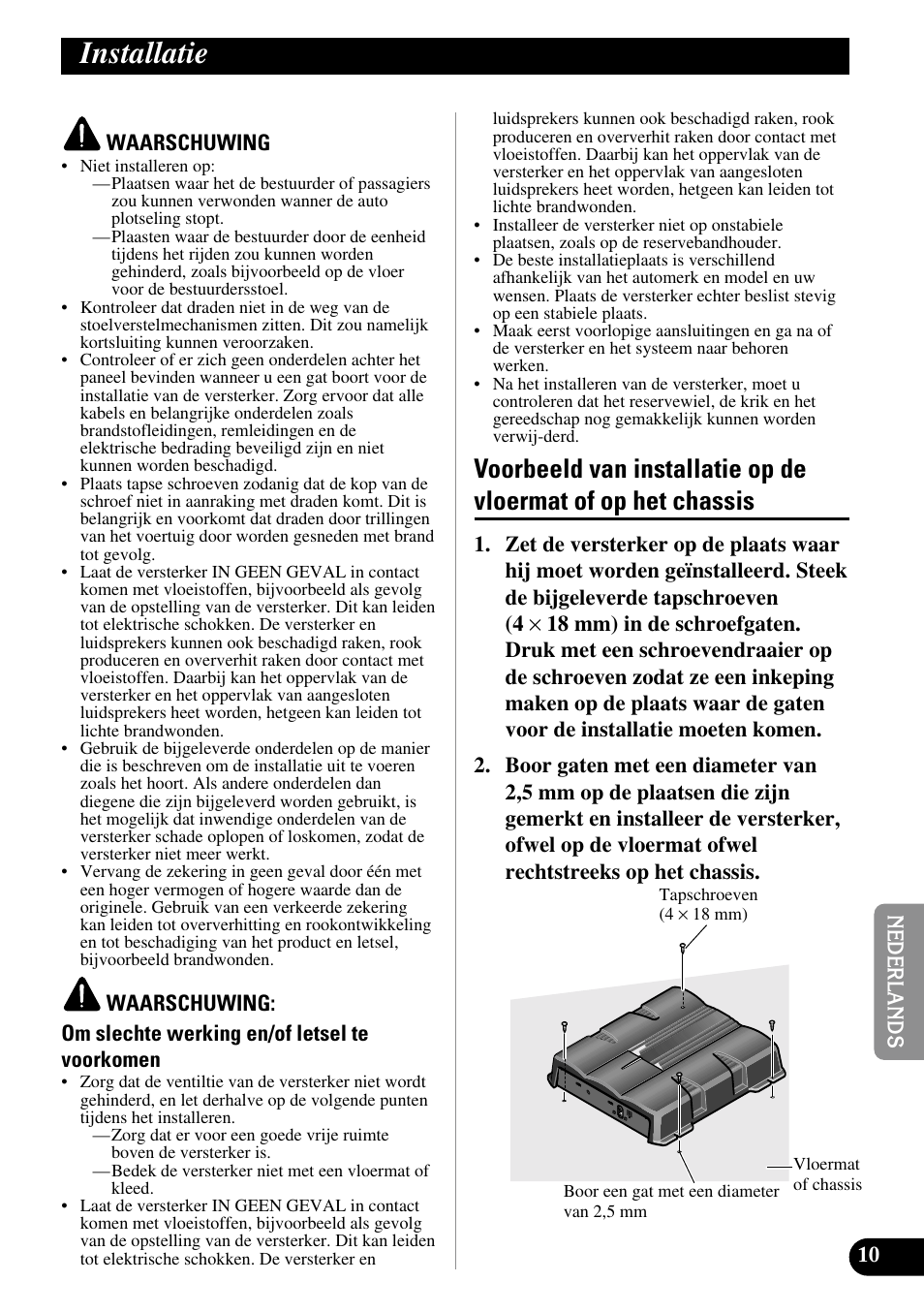 Installatie, Voorbeeld van installatie op de vloermat of, Op het chassis | Pioneer GM-5200T User Manual | Page 71 / 85