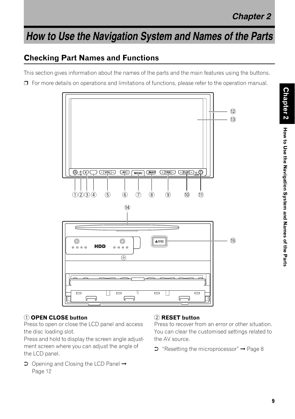 Chapter 2, Checking part names and functions 9, Checking part names and functions | Pioneer AVIC-HD3-II User Manual | Page 11 / 22