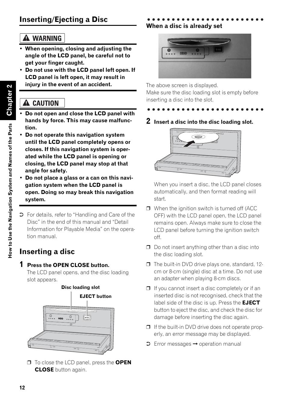 Inserting/ejecting a disc 12, Inserting a disc 12, Inserting/ejecting a disc | Inserting a disc, Chapter 2 | Pioneer AVIC-HD3-II User Manual | Page 14 / 22