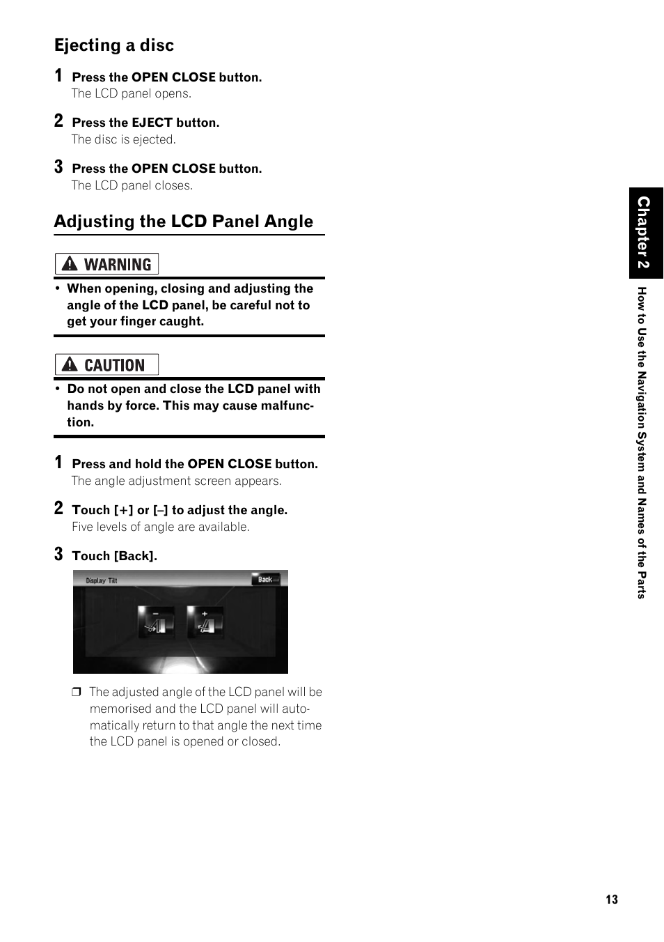 Ejecting a disc 13, Adjusting the lcd panel angle 13, Ejecting a disc | Adjusting the lcd panel angle | Pioneer AVIC-HD3-II User Manual | Page 15 / 22