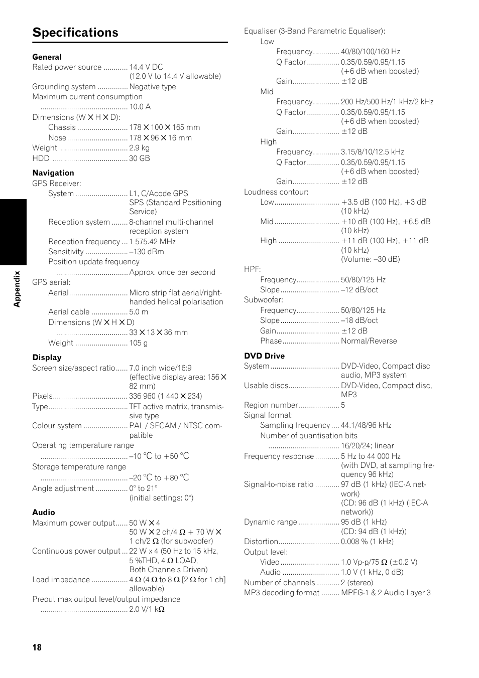 Specifications 18, Specifications | Pioneer AVIC-HD3-II User Manual | Page 20 / 22
