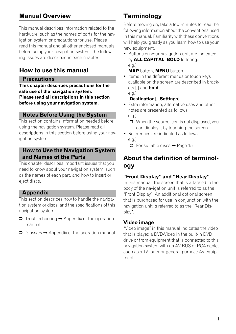 Manual overview 1, How to use this manual 1, Terminology 1 | About the definition of terminology 1, Manual overview, How to use this manual, Terminology, About the definition of terminol- ogy | Pioneer AVIC-HD3-II User Manual | Page 3 / 22