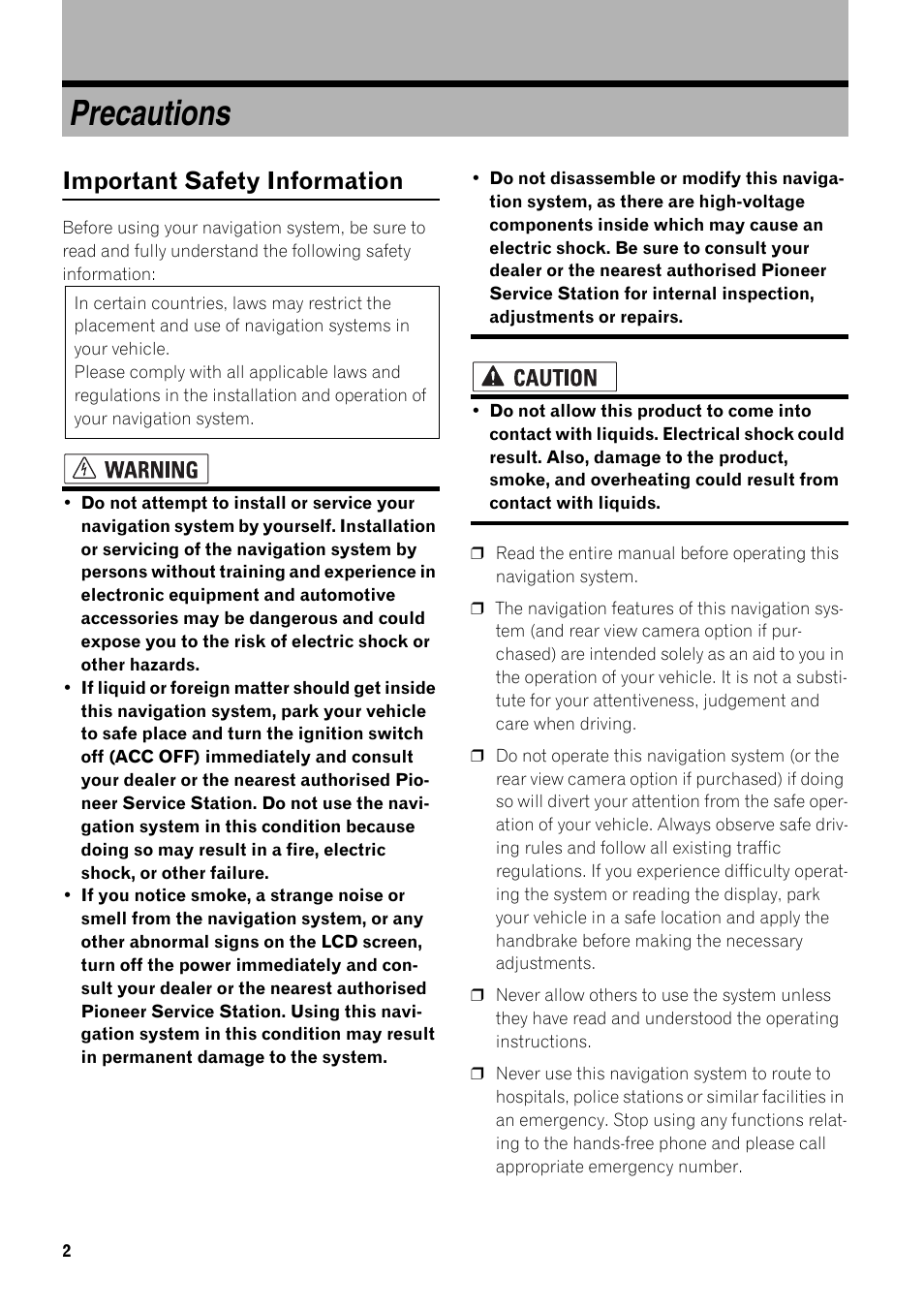 Precautions, Important safety information 2, Important safety information | Pioneer AVIC-HD3-II User Manual | Page 4 / 22