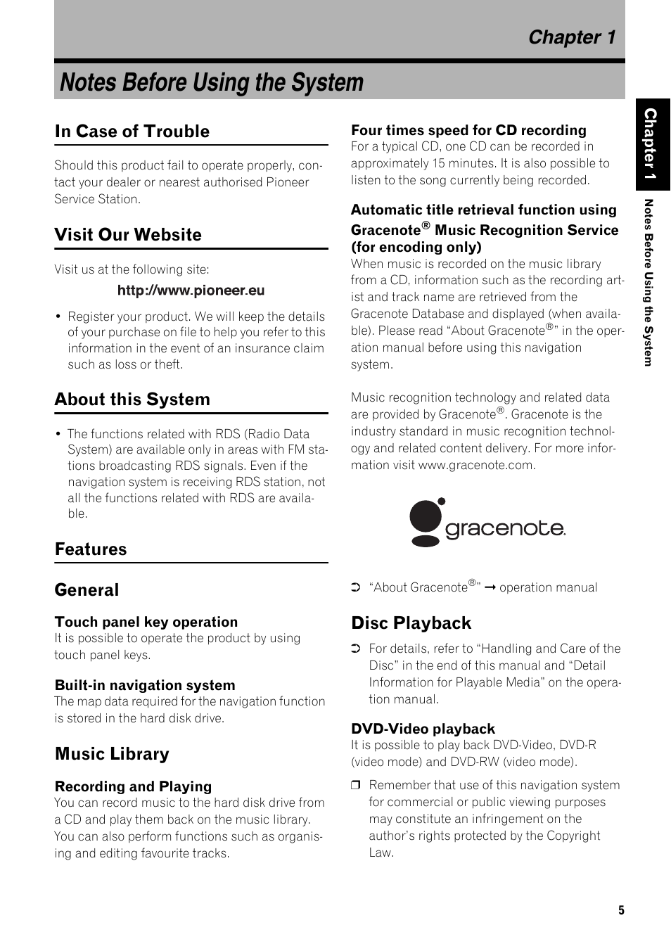 Chapter 1, Notes before using the system, General 5 | Music library 5, Disc playback 5, Visit our website, About this system, Features general, Music library, Disc playback | Pioneer AVIC-HD3-II User Manual | Page 7 / 22