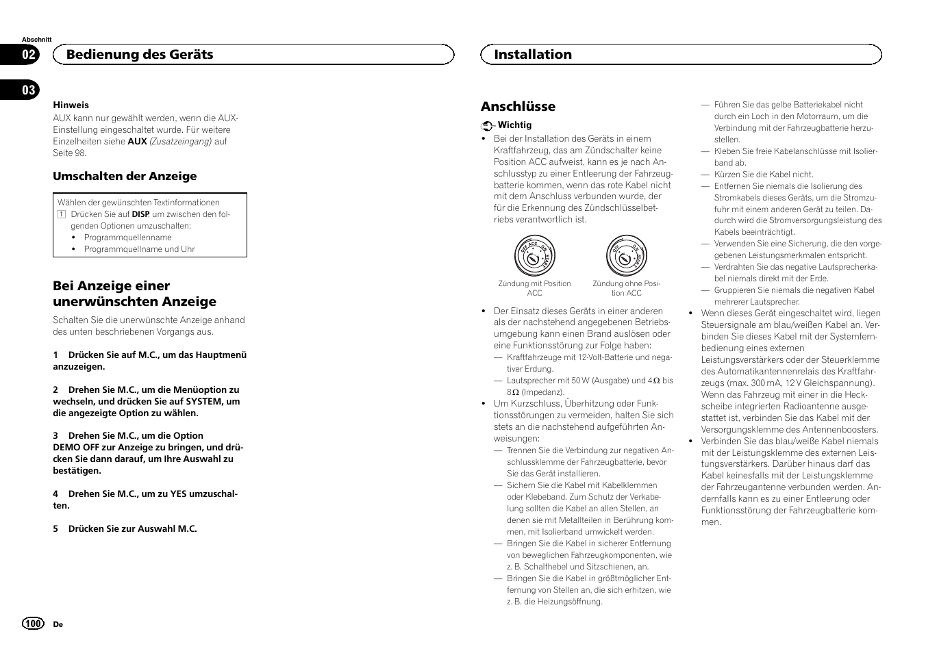 Bei anzeige einer unerwünschten anzeige, Anschlüsse, Bedienung des geräts | Installation | Pioneer MVH-350BT User Manual | Page 100 / 156