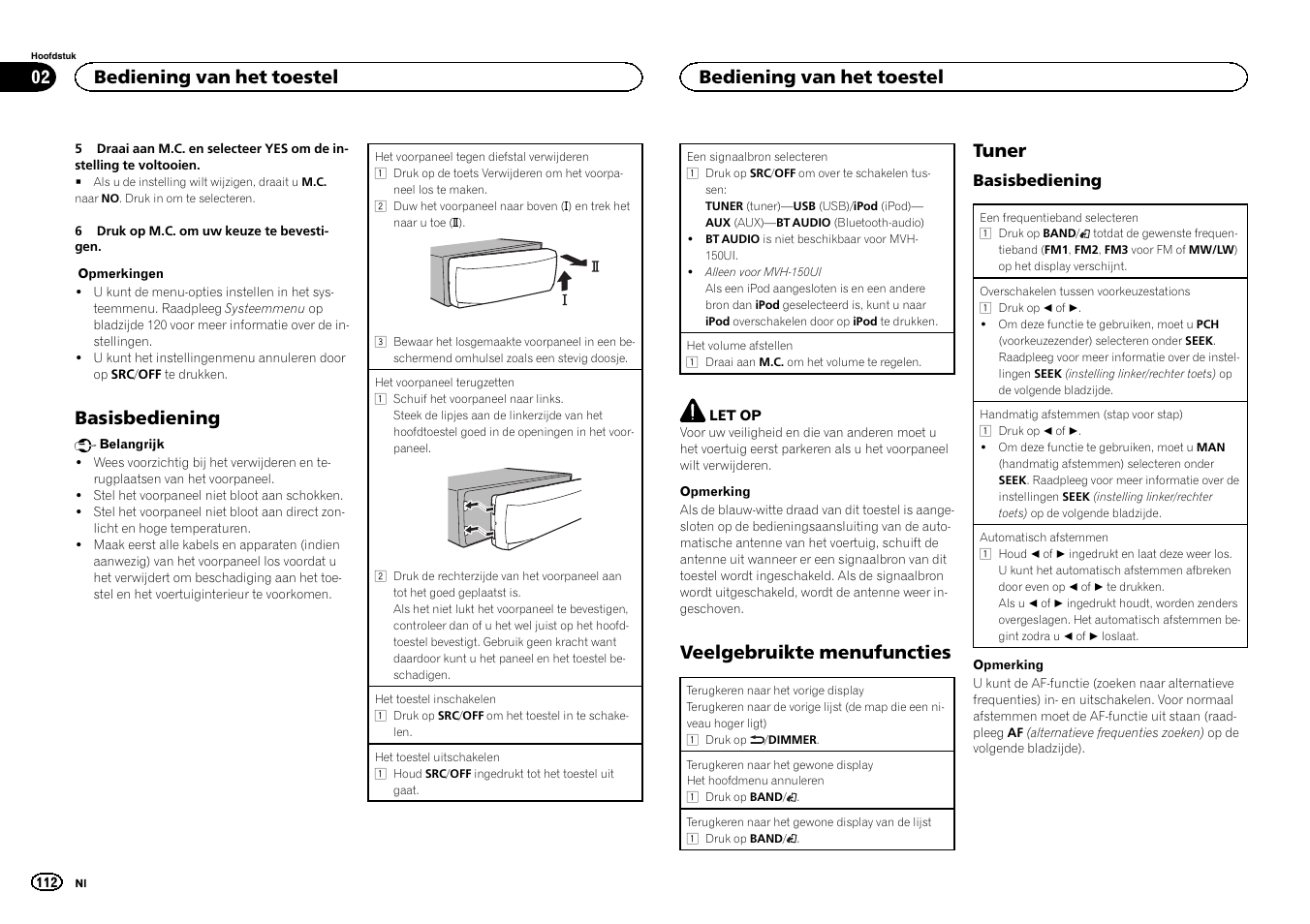 Basisbediening, Veelgebruikte menufuncties, Tuner | Bediening van het toestel | Pioneer MVH-350BT User Manual | Page 112 / 156
