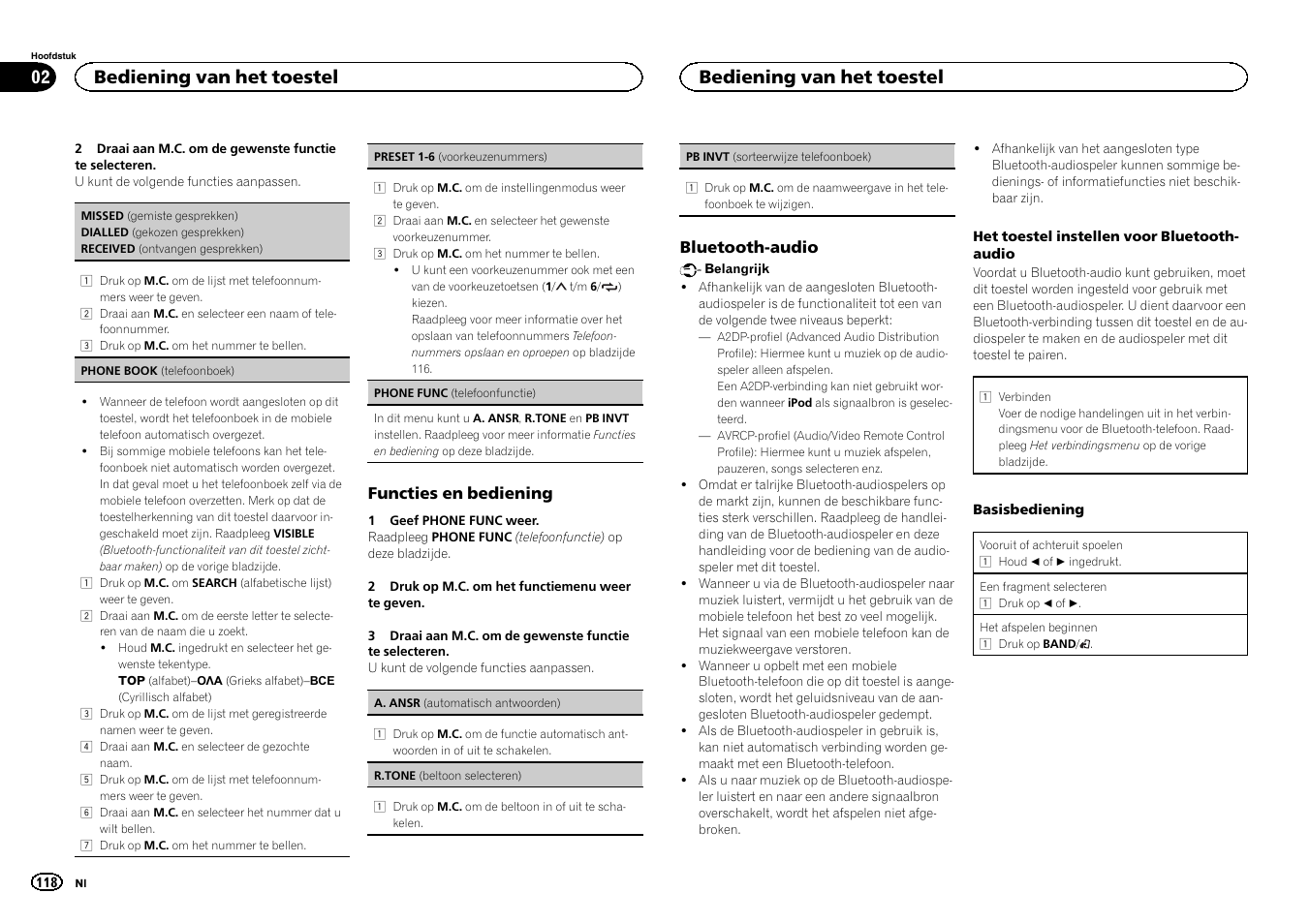 Bediening van het toestel | Pioneer MVH-350BT User Manual | Page 118 / 156