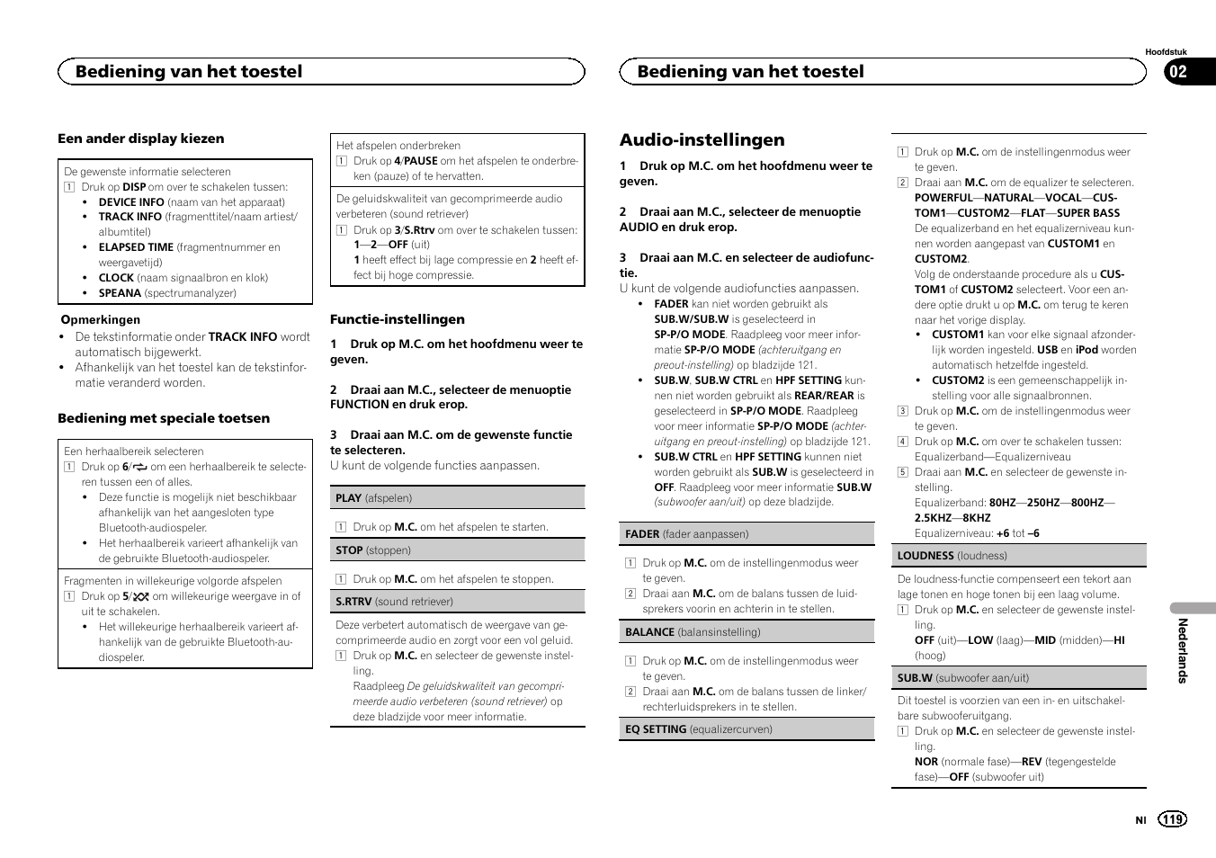 Audio-instellingen, Bediening van het toestel | Pioneer MVH-350BT User Manual | Page 119 / 156