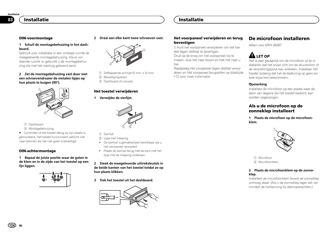 De microfoon installeren, Installatie | Pioneer MVH-350BT User Manual | Page 124 / 156