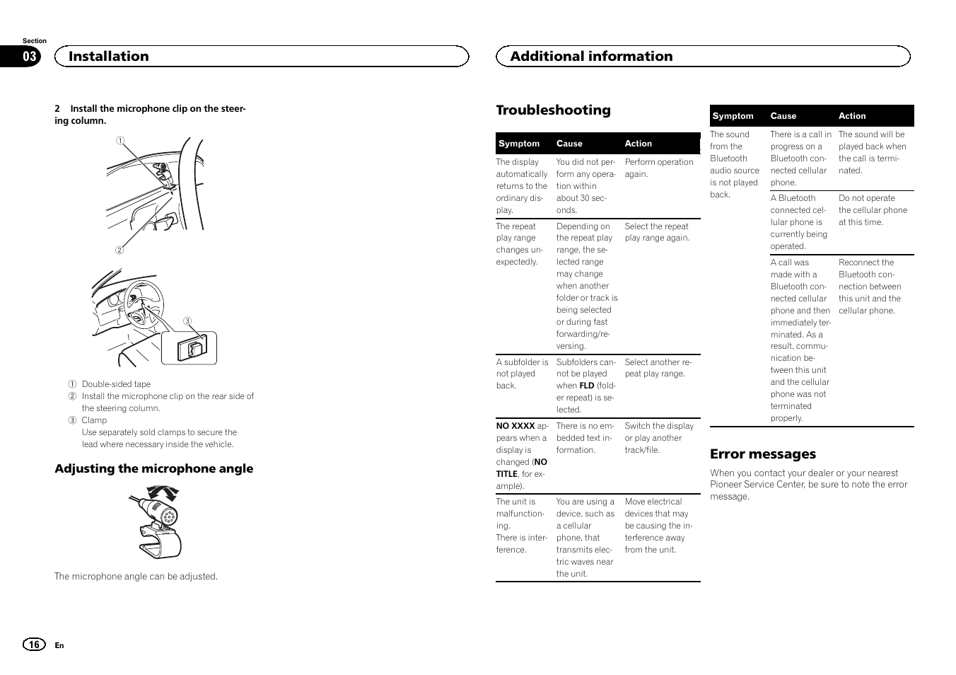 Troubleshooting, Error messages, Installation | Additional information | Pioneer MVH-350BT User Manual | Page 16 / 156